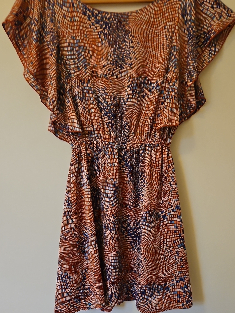 ezra Coral and Navy Flutter-Sleeve Mini Dress